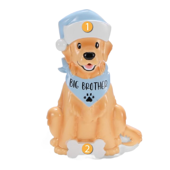 Dog figurine ornament wearing blue hat and bandana with "Big Brother" text, festive Christmas decoration under $50
