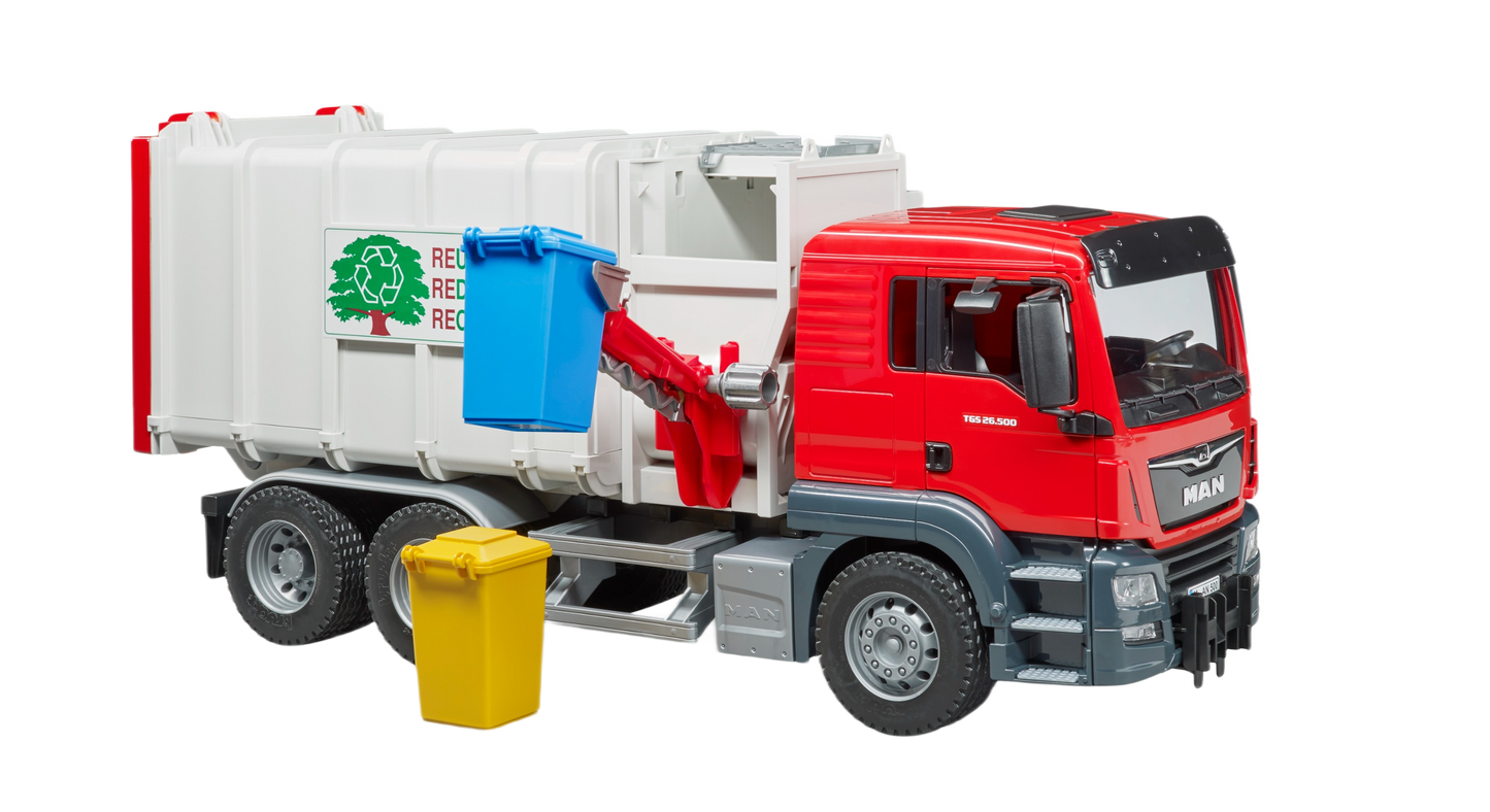 Red and grey Bruder Man Tgs side loading garbage truck toy with blue and yellow recycling bins in Bruder Toys collection