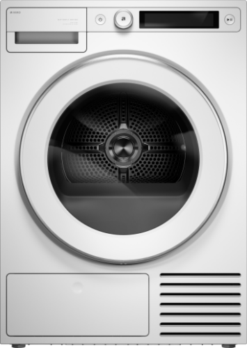 Front view of a white 24-inch tumble dryer with a clear circular door and control panel, featured in Dryers and Electric Dryers collections at Hartville Hardware.