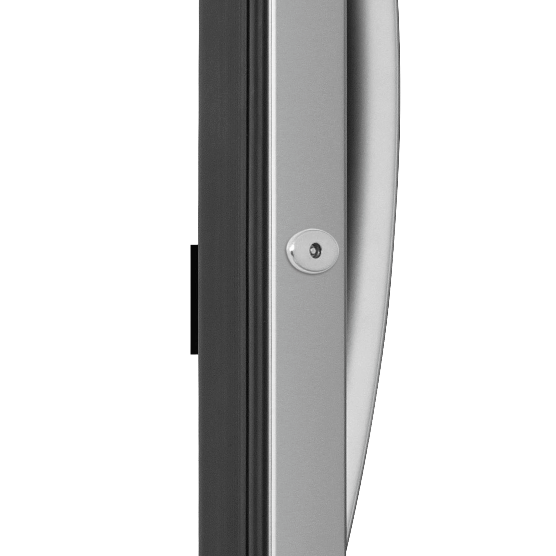 Side view of a stainless steel upright freezer door edge with lock mechanism in refrigerators and appliances collection