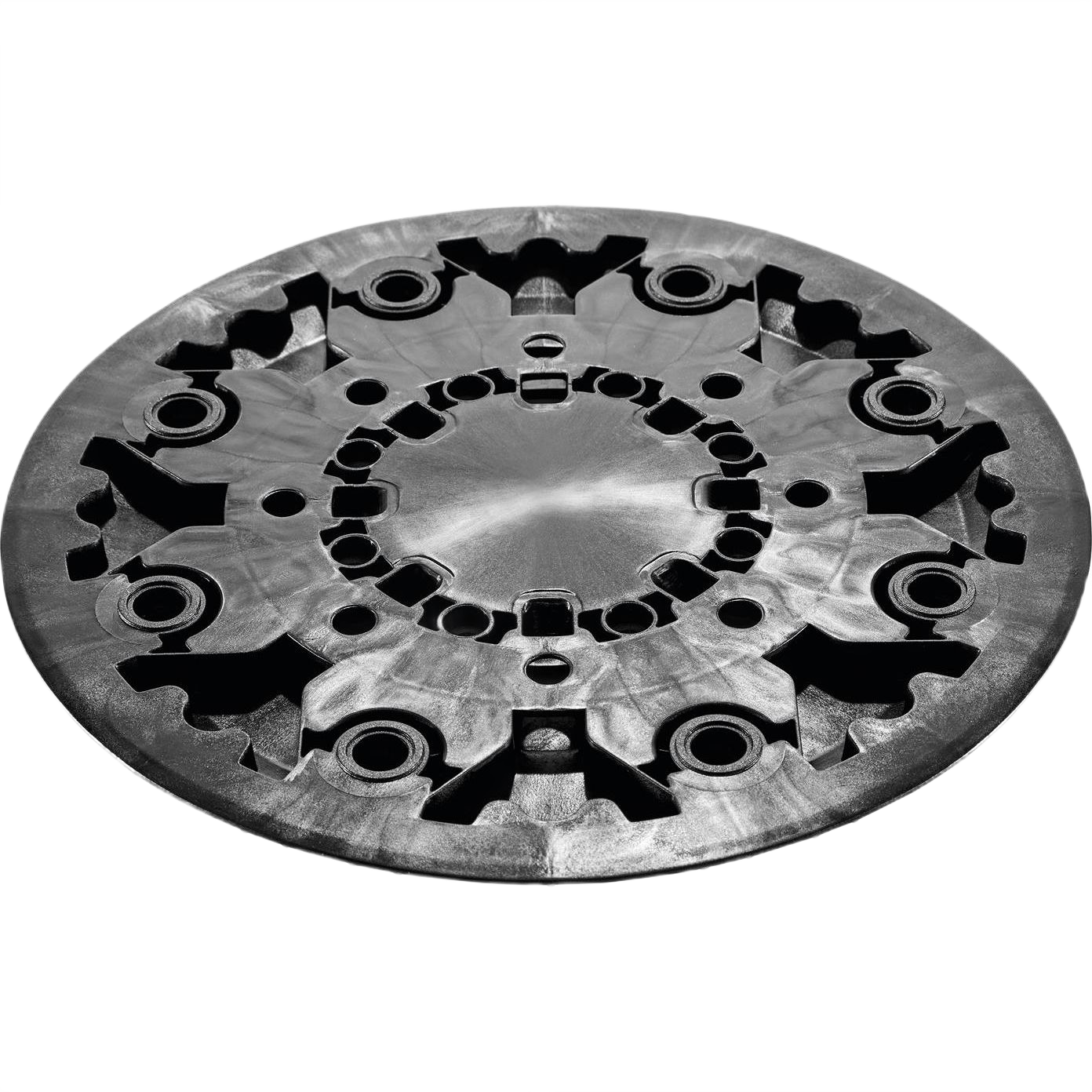 Round black plastic backing pad with vented design and multiple attachment holes for power sanding tools in home improvement