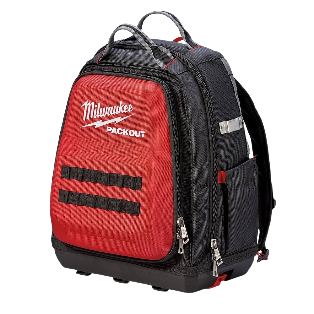 Red and black Milwaukee PACKOUT™ Backpack with durable ballistic nylon for tool storage and workshop organization