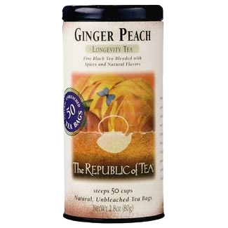 Tin of Republic of Tea Ginger Peach black tea with 50 bags, offered in the Drinks and Under $50 collections