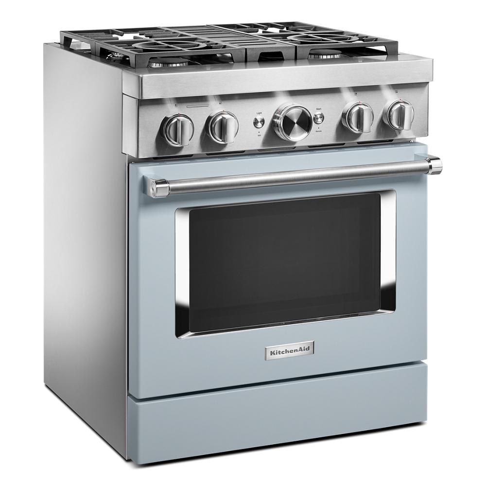 30-inch commercial-style dual fuel range with four burners and blue oven door from KitchenAid appliances collection
