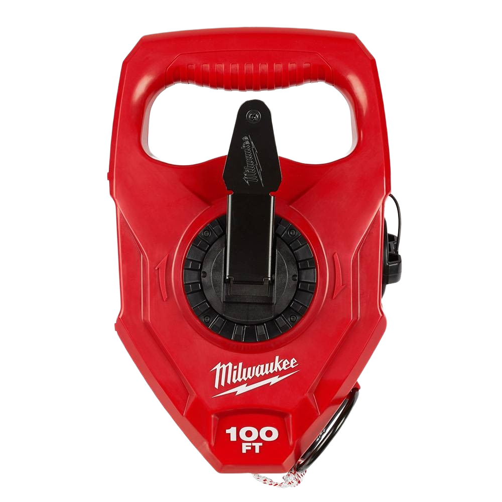 Red Milwaukee 100-foot chalk reel with durable metal handle and planetary gear system for woodworking and measuring tools collections