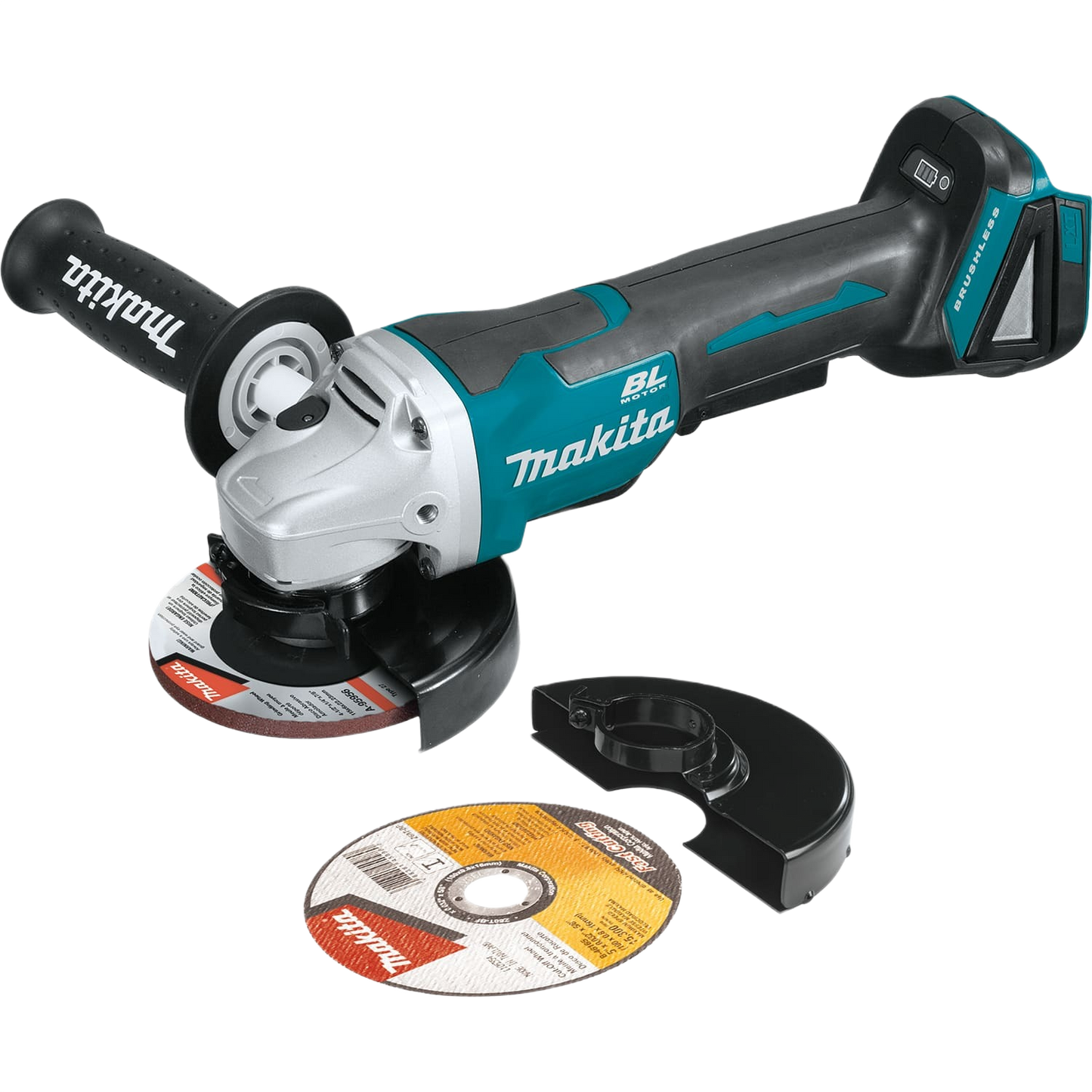 Cordless paddle switch cut-off grinder with electric brake, auxiliary handle, and cutting disc for tools and home improvement tasks