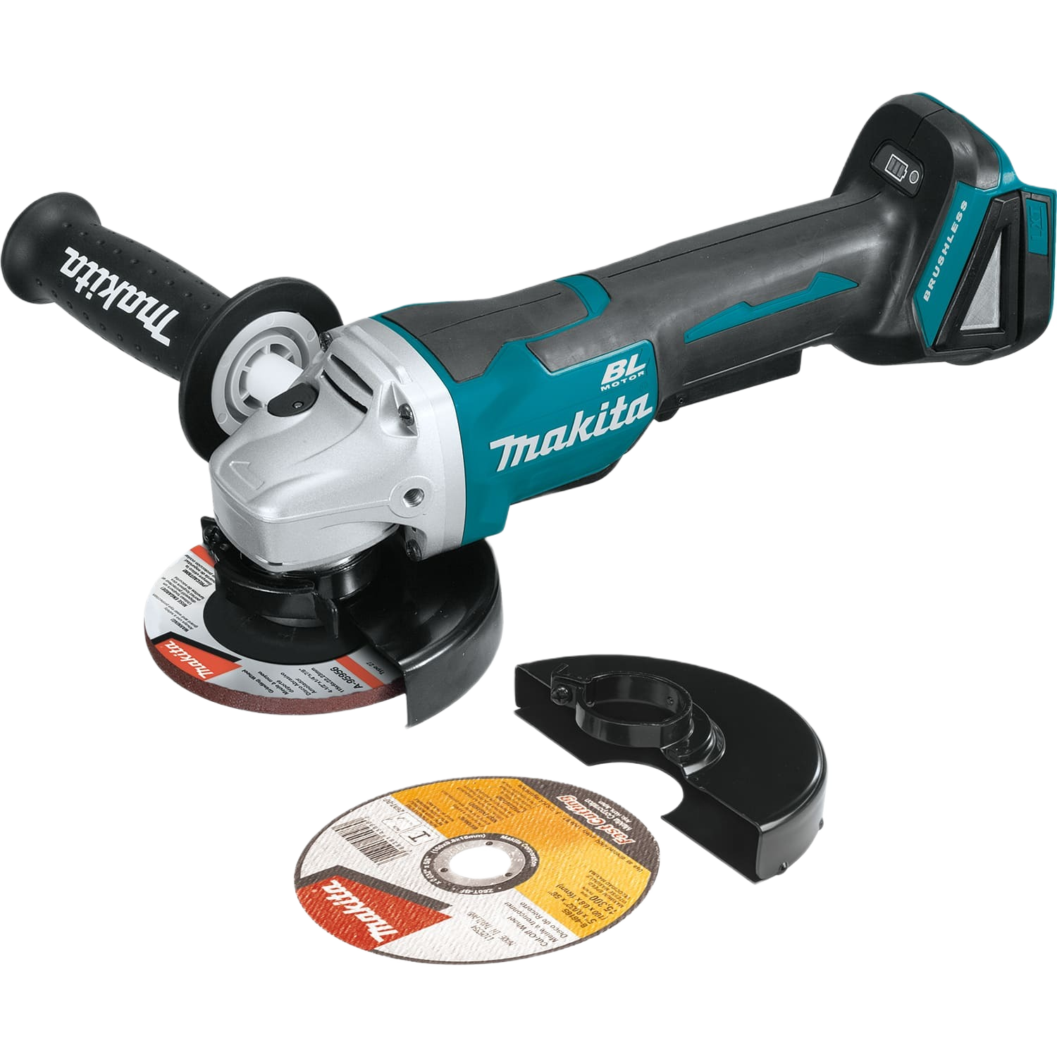 Cordless paddle switch cut-off grinder with electric brake, auxiliary handle, and cutting disc for tools and home improvement tasks
