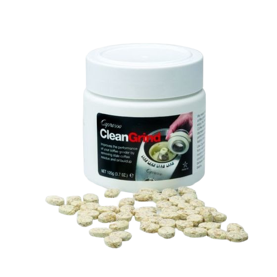 White container of Capresso Clean Grind cleaning tablets for maintaining coffee grinder performance and residue removal