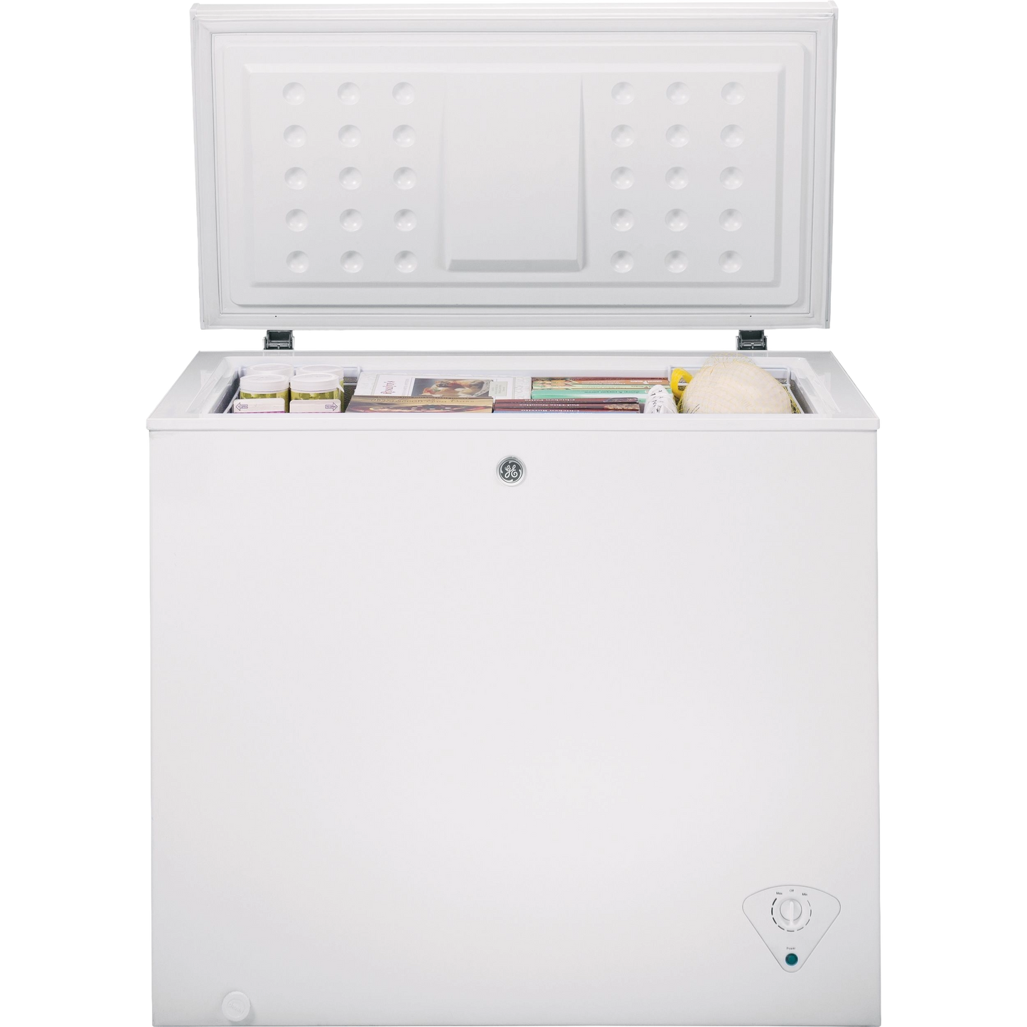 White manual defrost chest freezer open to show organized frozen food inside for kitchen and home use