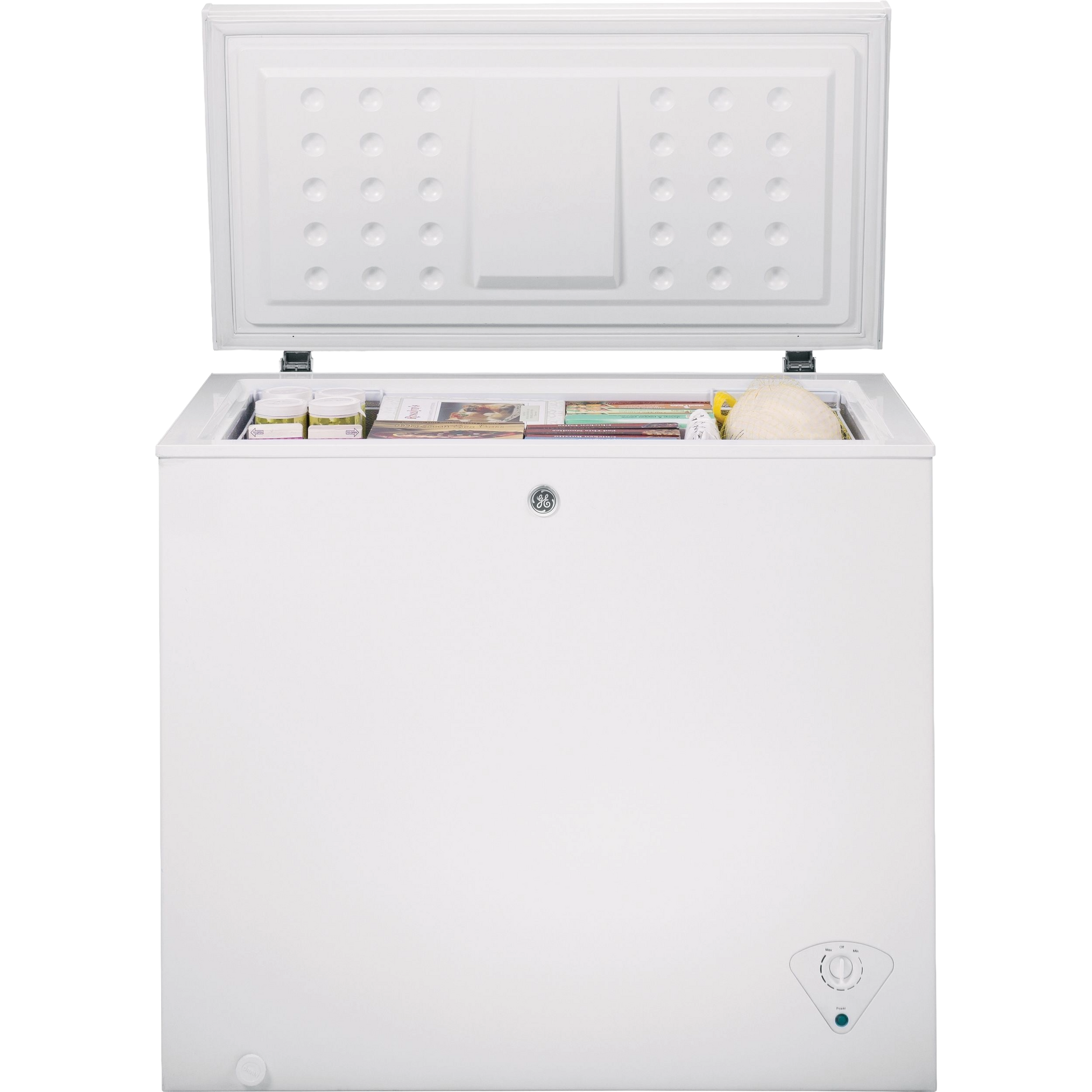 White manual defrost chest freezer open to show organized frozen food inside for kitchen and home use