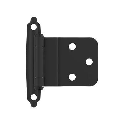 Matte black inset cabinet hinge with self-closing feature for furniture and home improvement hardware use