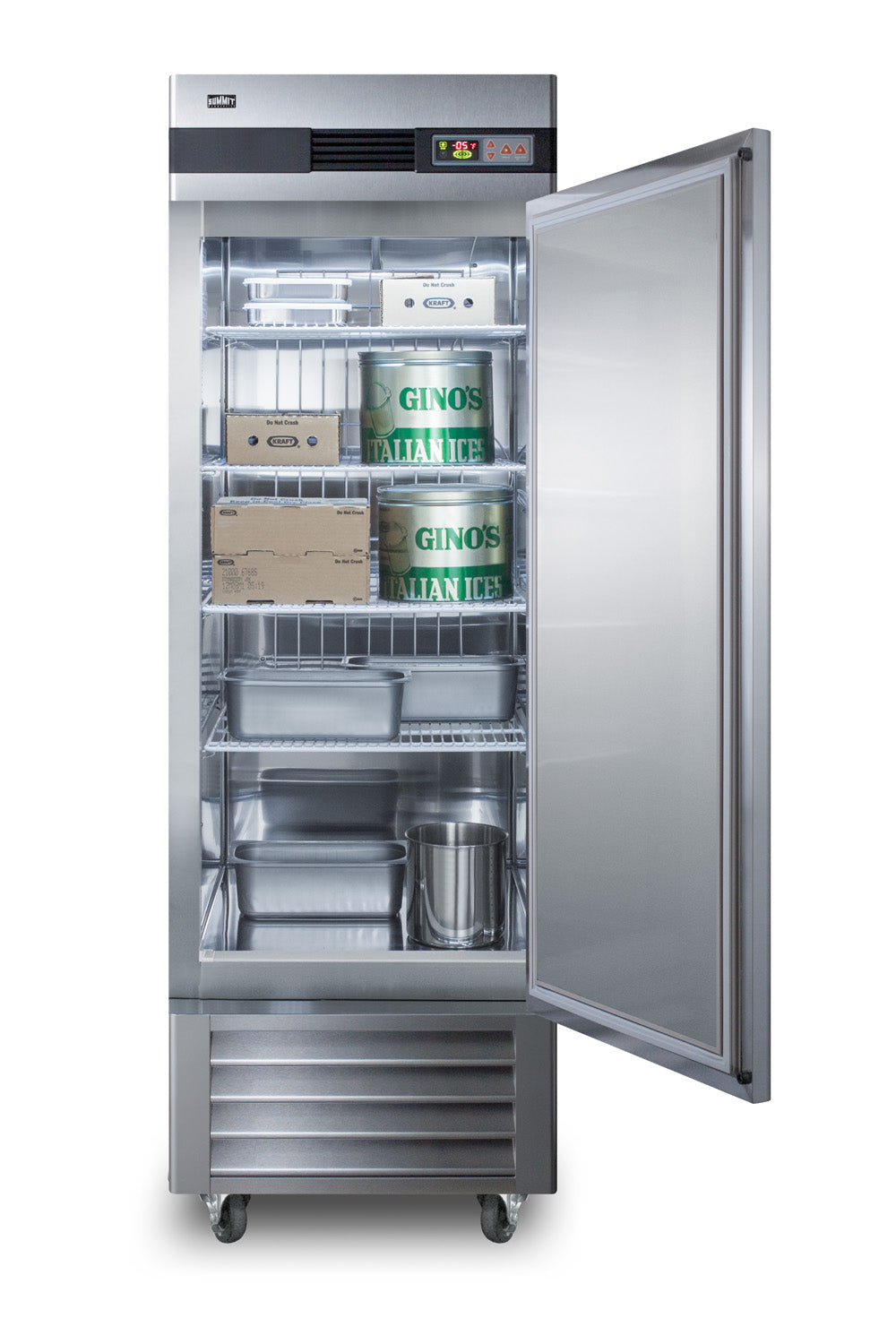 Commercial stainless steel reach-in freezer with multiple shelves storing containers and food boxes in kitchen appliances collection