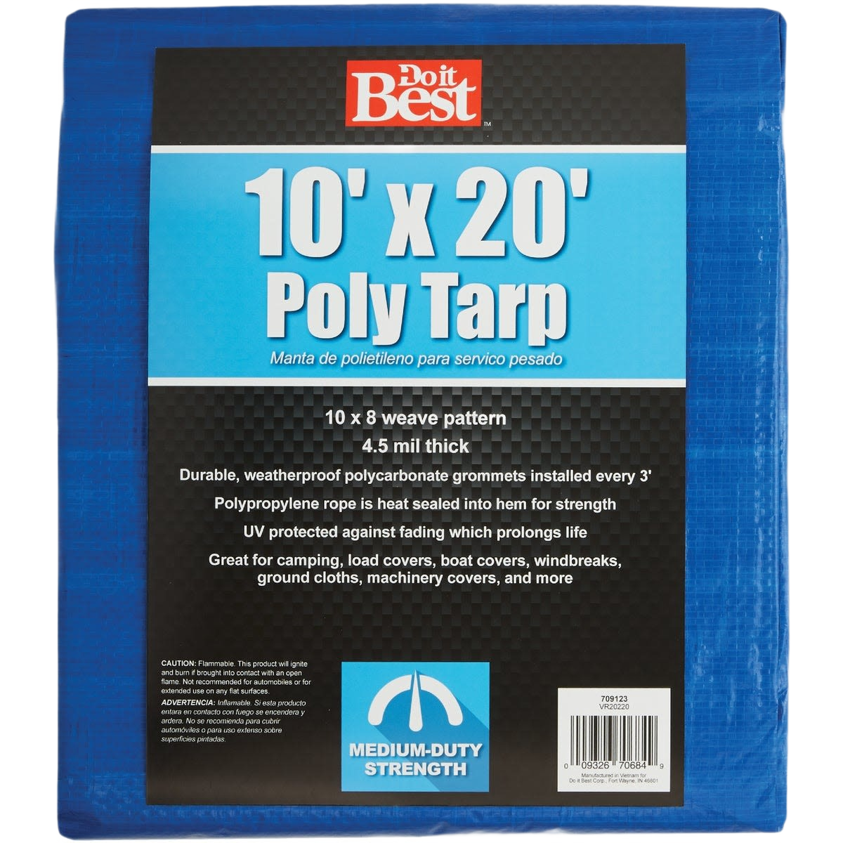 Blue medium-duty poly tarp with reinforced grommets for camping, covers, and general home improvement use