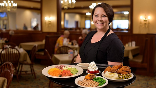 Smiling waitress holding a large tray filled with plates of comfort food including fried chicken, mashed potatoes, peas, grilled chicken, and a dessert in a warmly lit restaurant.