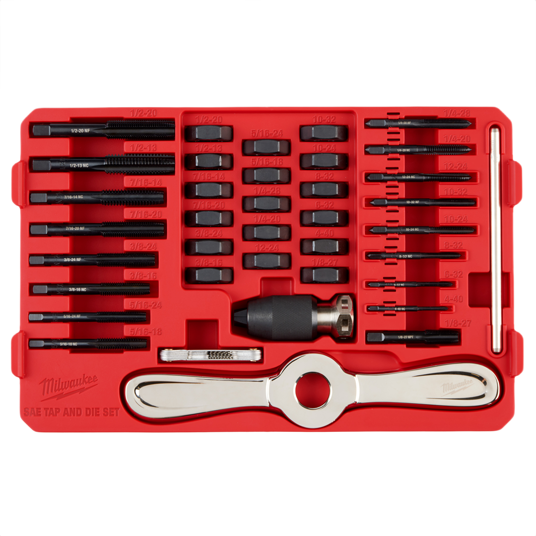 Red tool case with 38-piece SAE tap and die set including Hex-LOK handle for threading in tool accessories collection