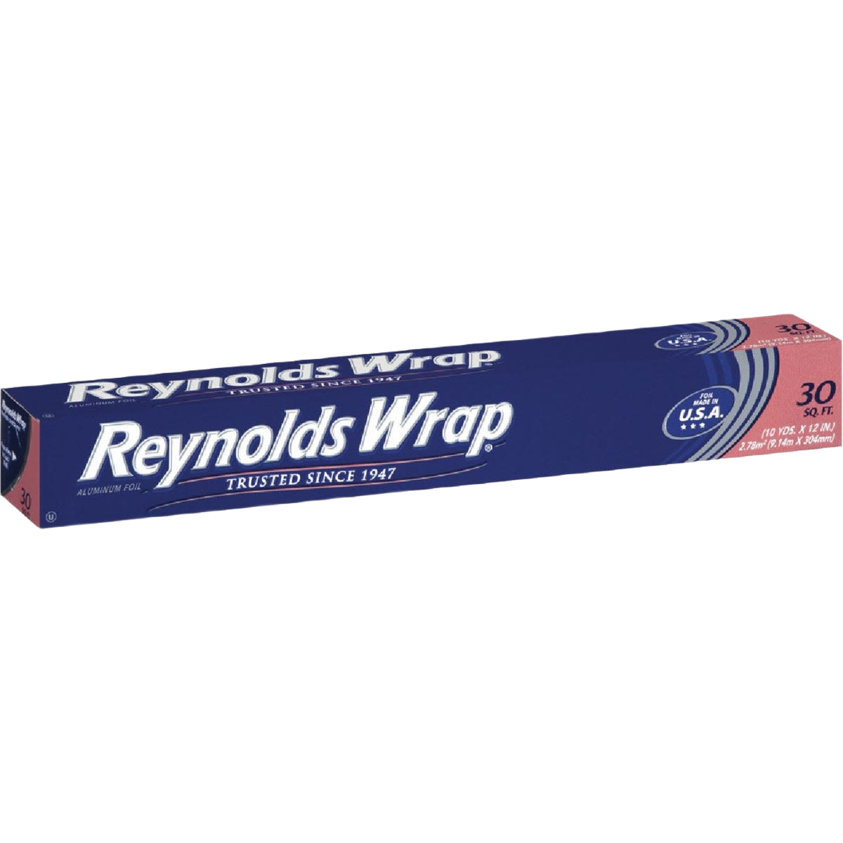 Box of Reynolds Wrap aluminum foil in blue packaging with red and white accents for kitchenware and food storage use