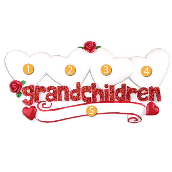 Personalized Christmas ornament with four hearts and glittery red "grandchildren" text for holiday tree decor under $50 collection