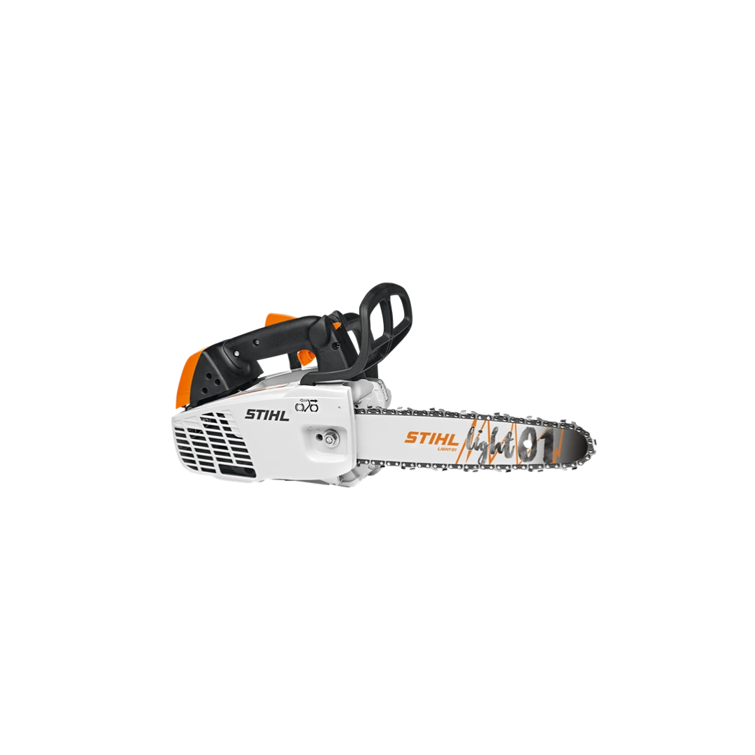 Compact STIHL gas-powered chainsaw with white and orange housing for tools and home improvement tasks