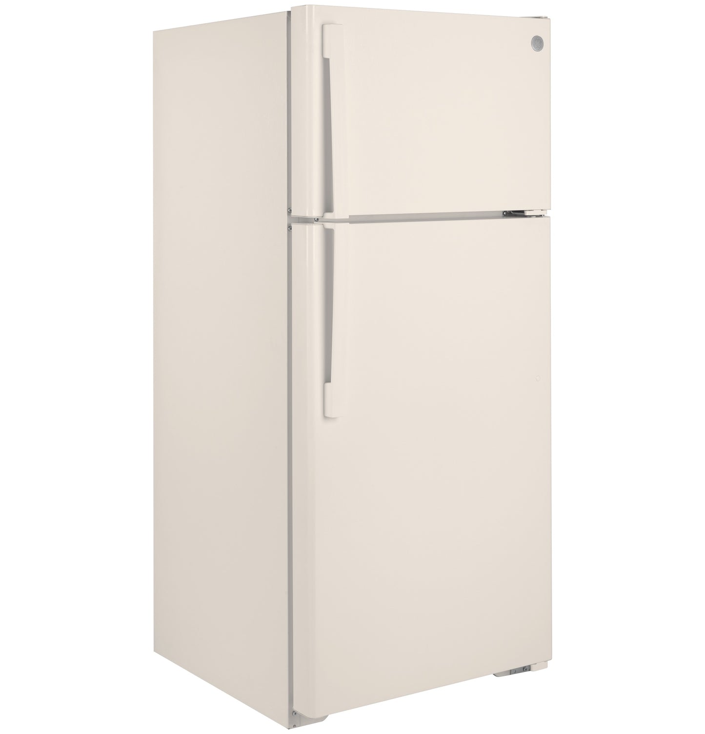 Cream-colored top-freezer refrigerator with vertical handles in kitchen and appliances collection