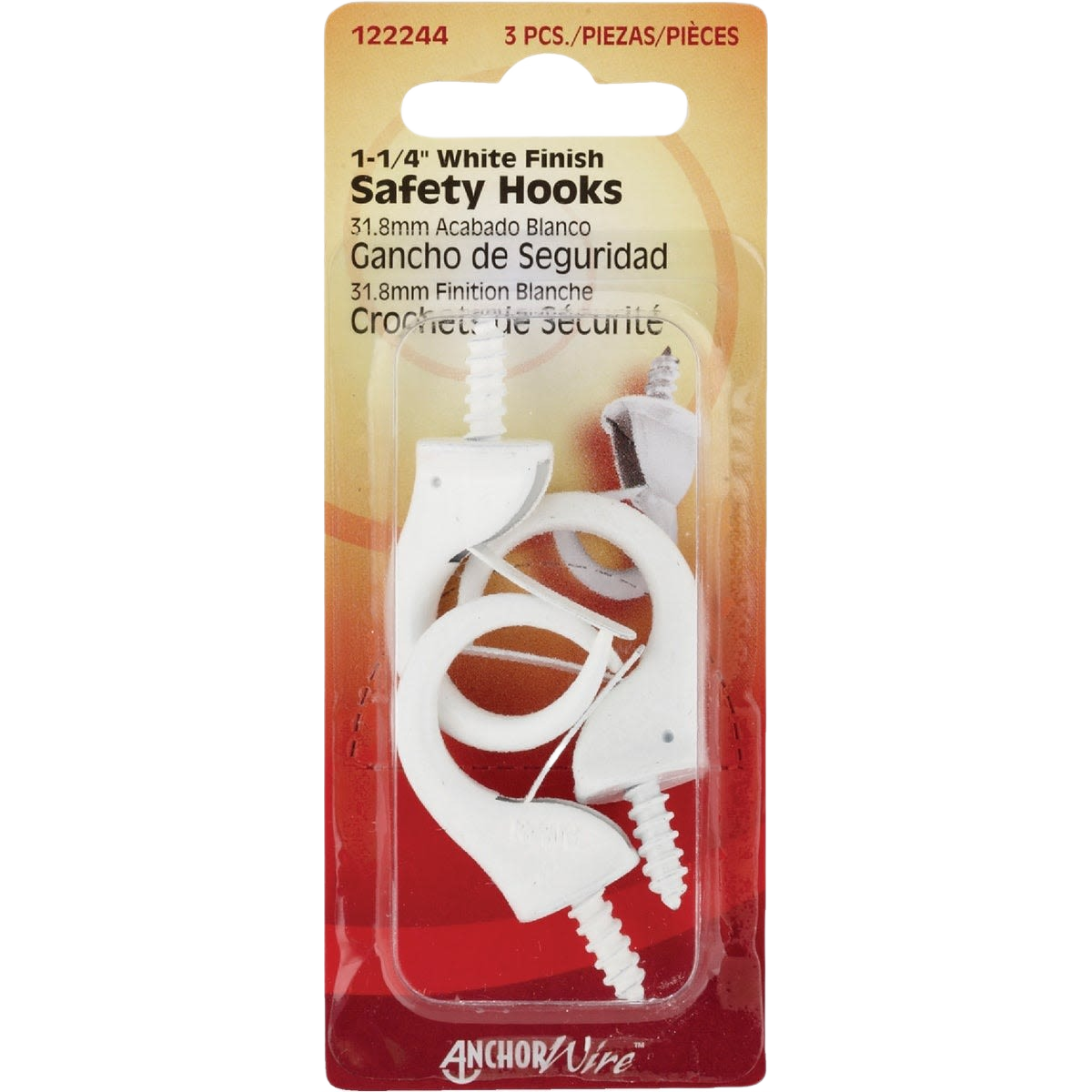 Three white 1-1/4 inch safety hooks with wire anchors in blister pack for hardware and home improvement.