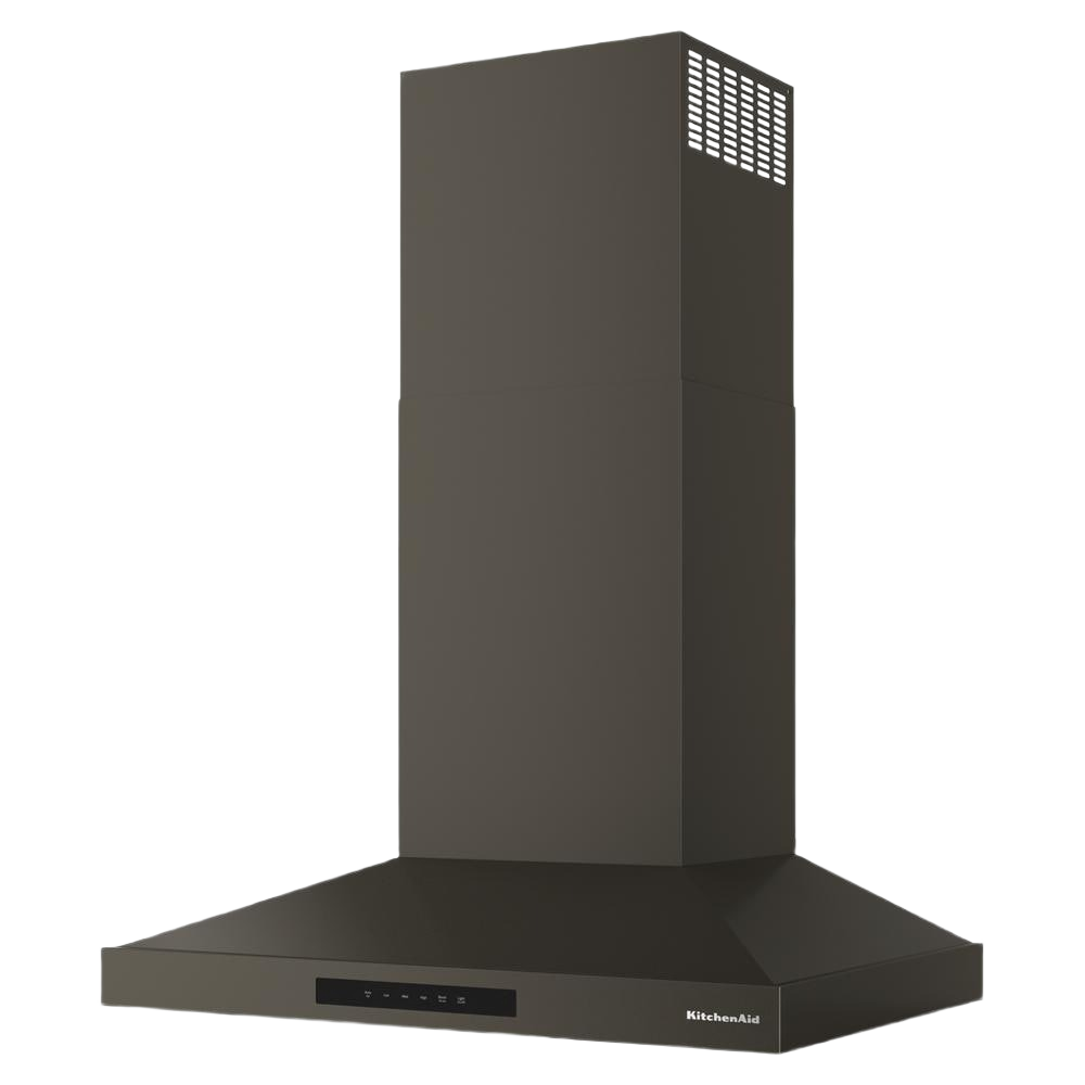 Matte black 30-inch wall-mount canopy hood with four-speed ventilation, touch controls, and sleek modern design in Wall Mounted Range Hoods and Kitchen & Kitchenware collections.