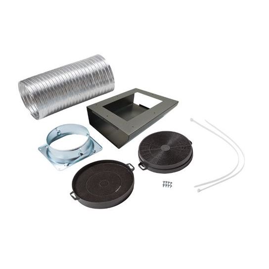 Non-duct kit components including flexible aluminum duct, non-duct plenum, collar, charcoal filters, screws, and zip ties for range hoods.