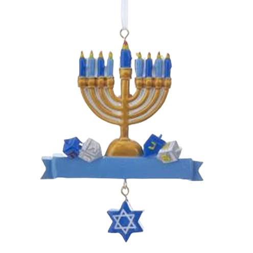 Gold and blue Hanukkah menorah ornament with blue and white dreidels and hanging Star of David charm