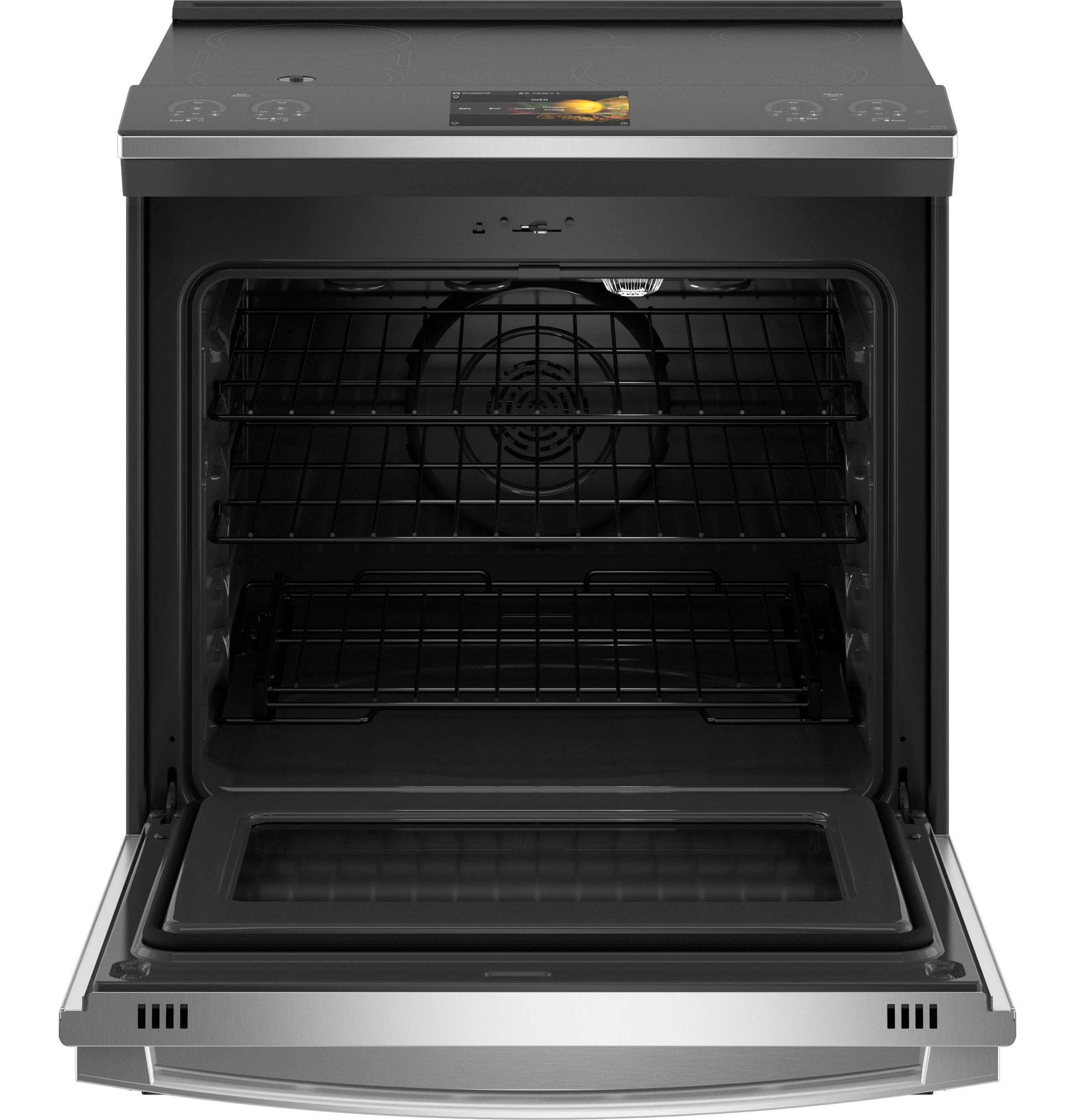 Open stainless steel smart slide-in induction range oven with racks visible in ranges and kitchen appliances collection