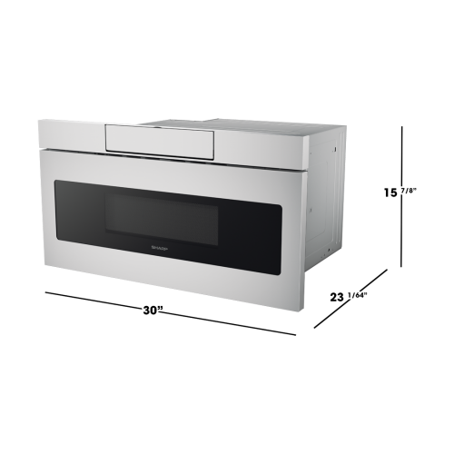 Stainless steel flat panel microwave drawer with sleek black glass window in built-in microwaves and kitchen appliances collection