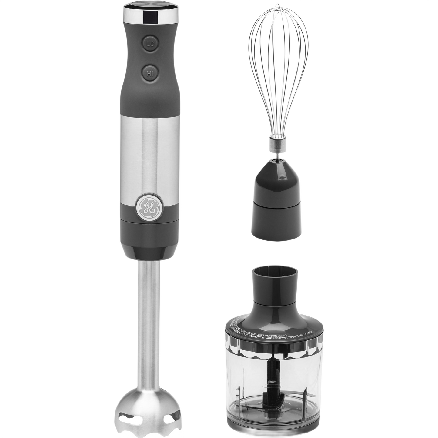 Stainless steel immersion blender with detachable whisk and chopper accessories for versatile kitchen food preparation tasks