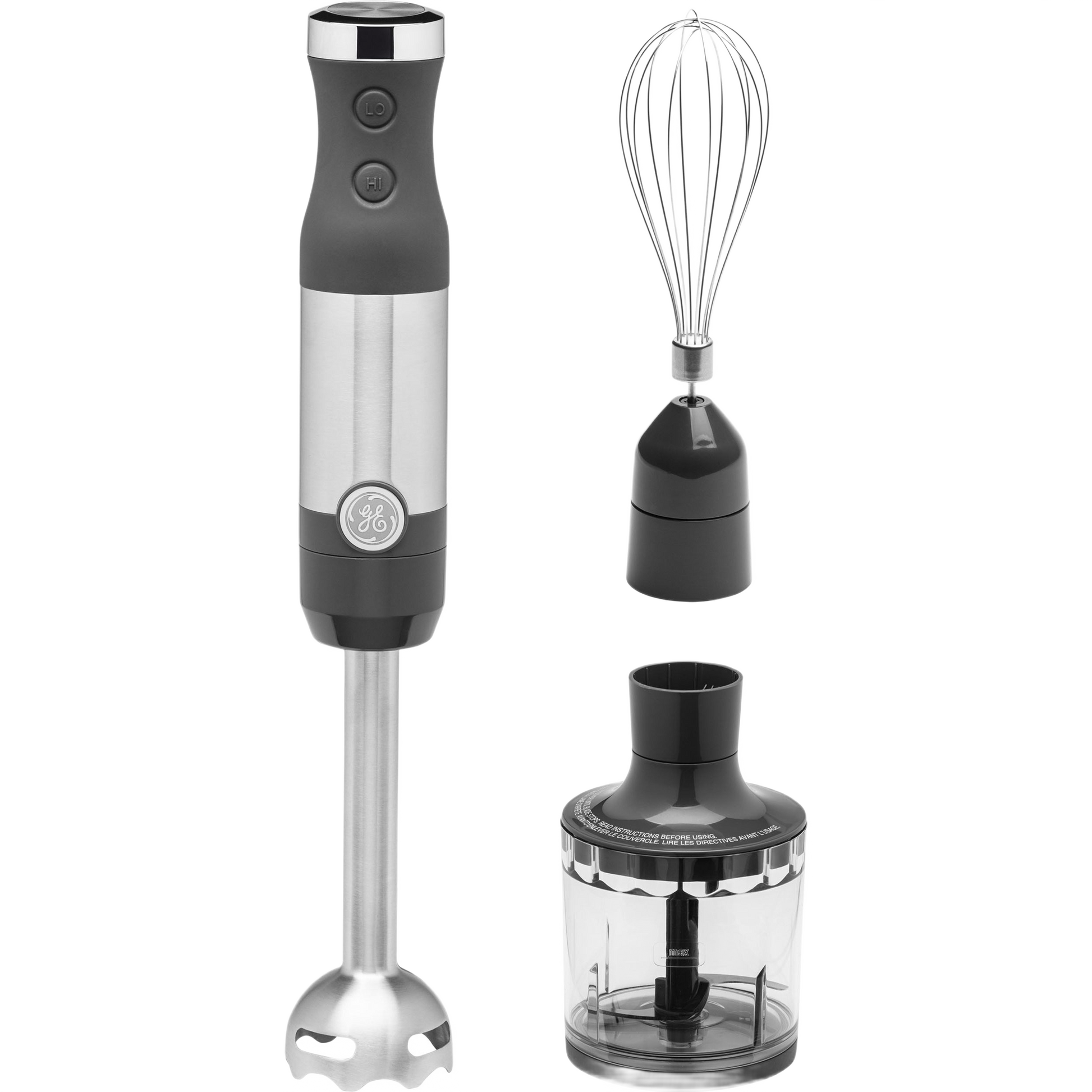 Stainless steel immersion blender with detachable whisk and chopper accessories for versatile kitchen food preparation tasks