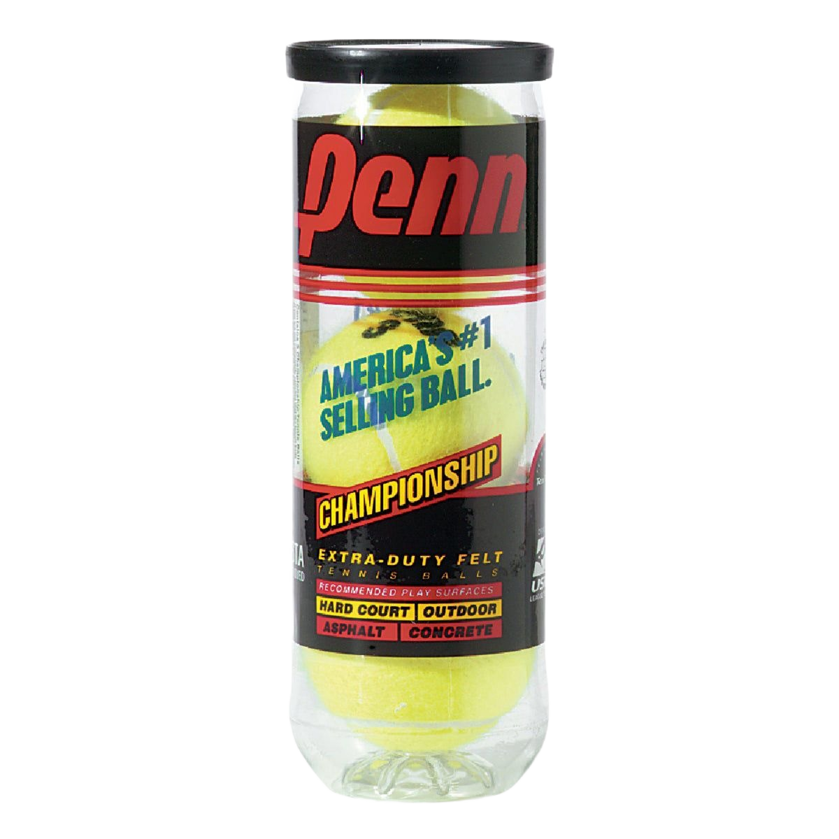 Clear plastic canister containing three extra-duty felt tennis balls for hard court, asphalt, and concrete surfaces