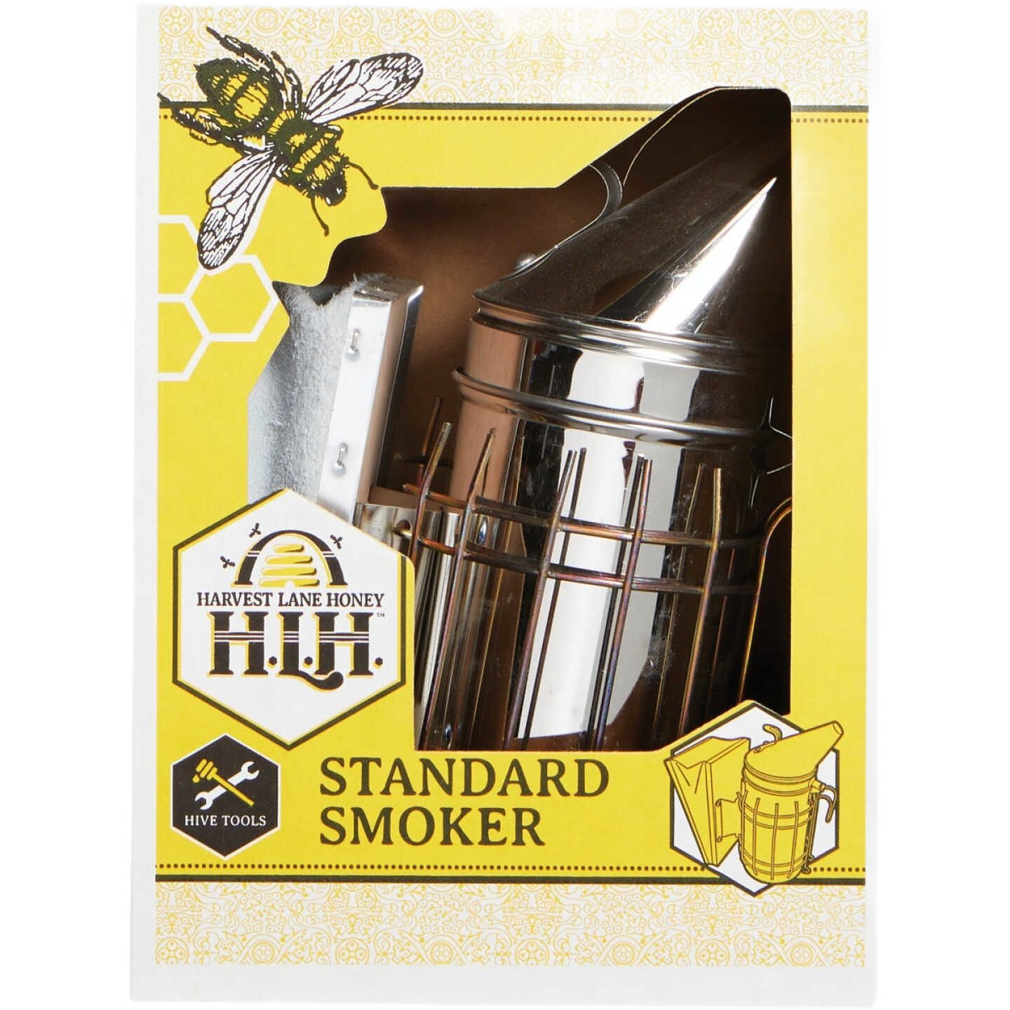 Stainless steel bee smoker with protective cage and scraper tool in yellow packaging for tools and home improvement use