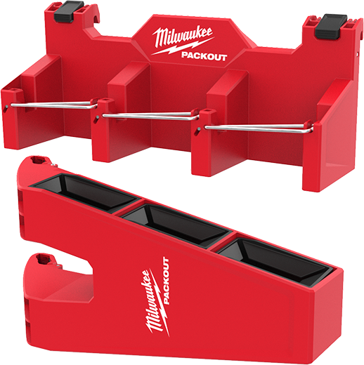 Red Milwaukee PACKOUT™ tool holder attachment with compartments for long tools in workshop storage and organization collections