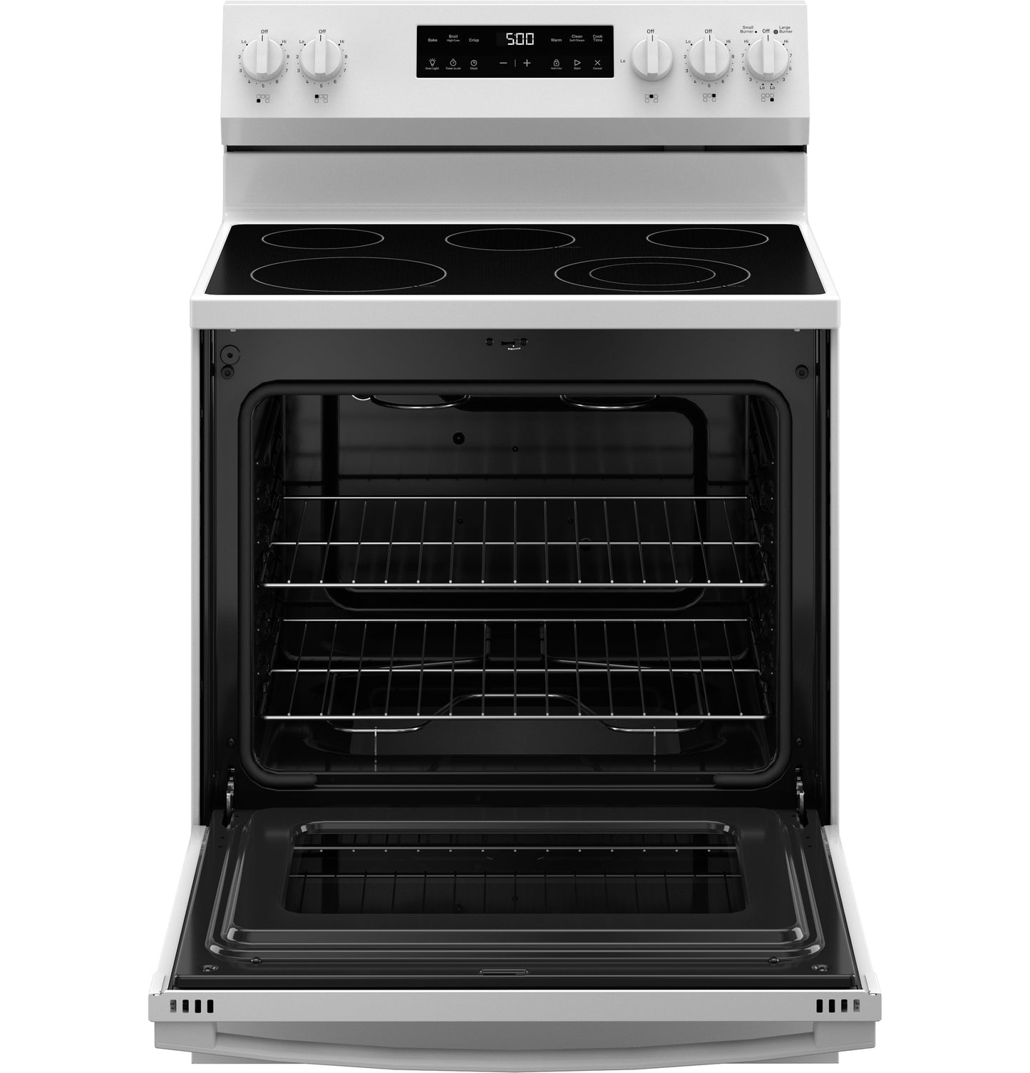 White free-standing electric range with glass-ceramic cooktop and open oven door from Electric Ranges collection