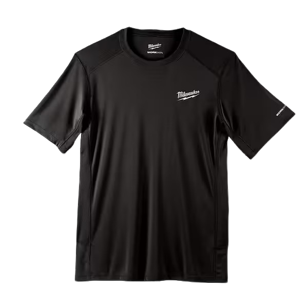 Black lightweight short sleeve performance shirt with subtle Milwaukee logo for tools and home improvement use
