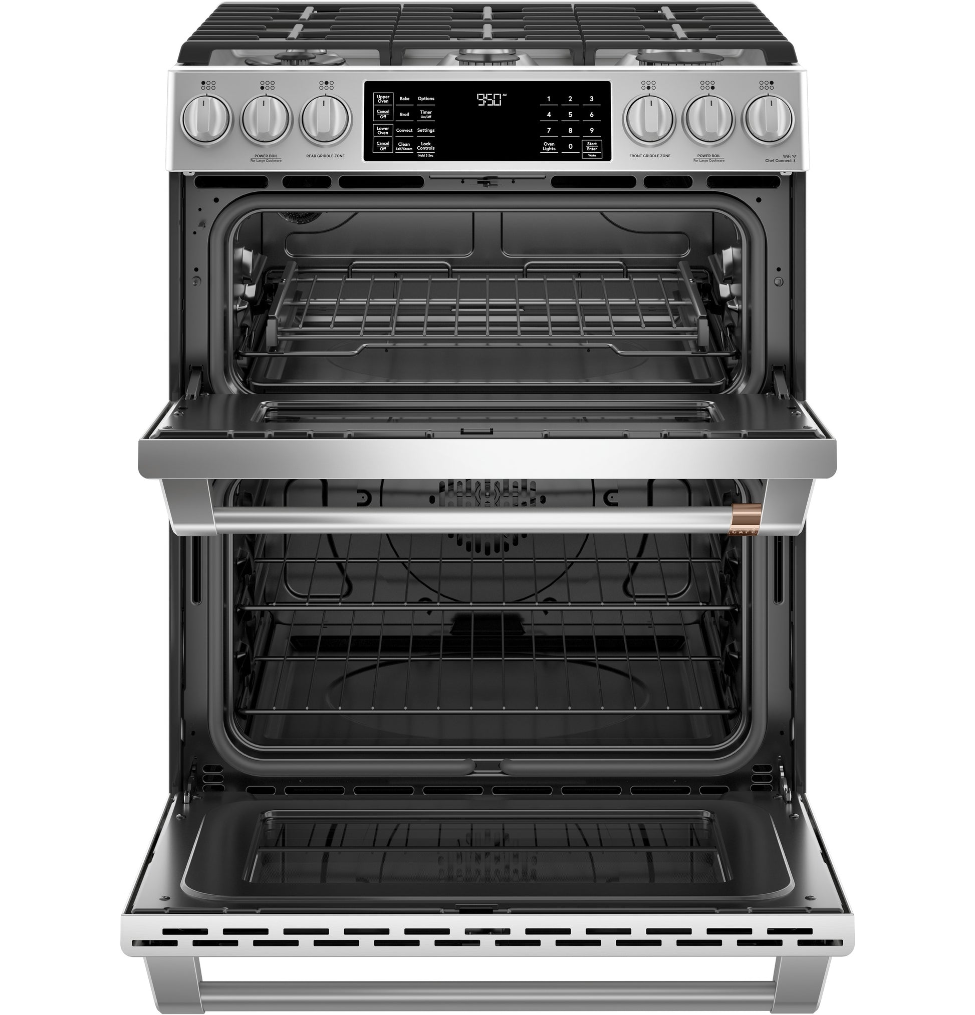 Stainless steel slide-in dual-fuel range with front controls, double convection ovens, and digital display in kitchen appliances collection