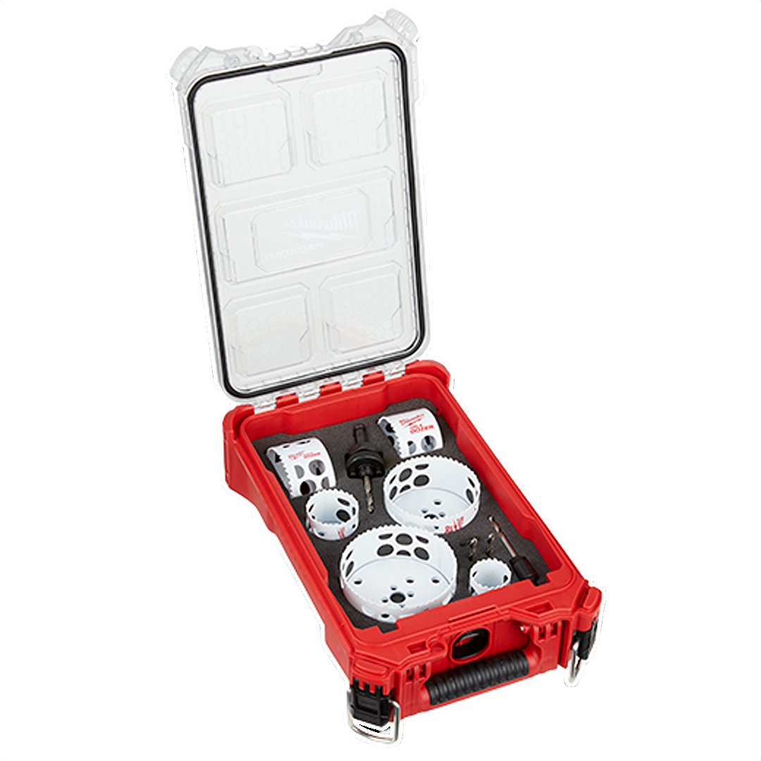 Compact red and black PACKOUT organizer with 10 bi-metal hole saws for woodworking tools and home improvement tasks