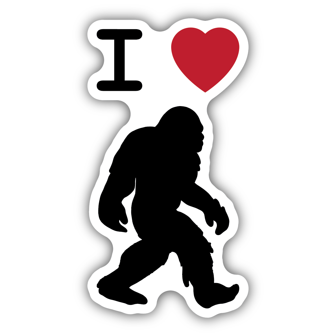 Black silhouette of Bigfoot with "I heart" symbol in white and red sticker design on black background