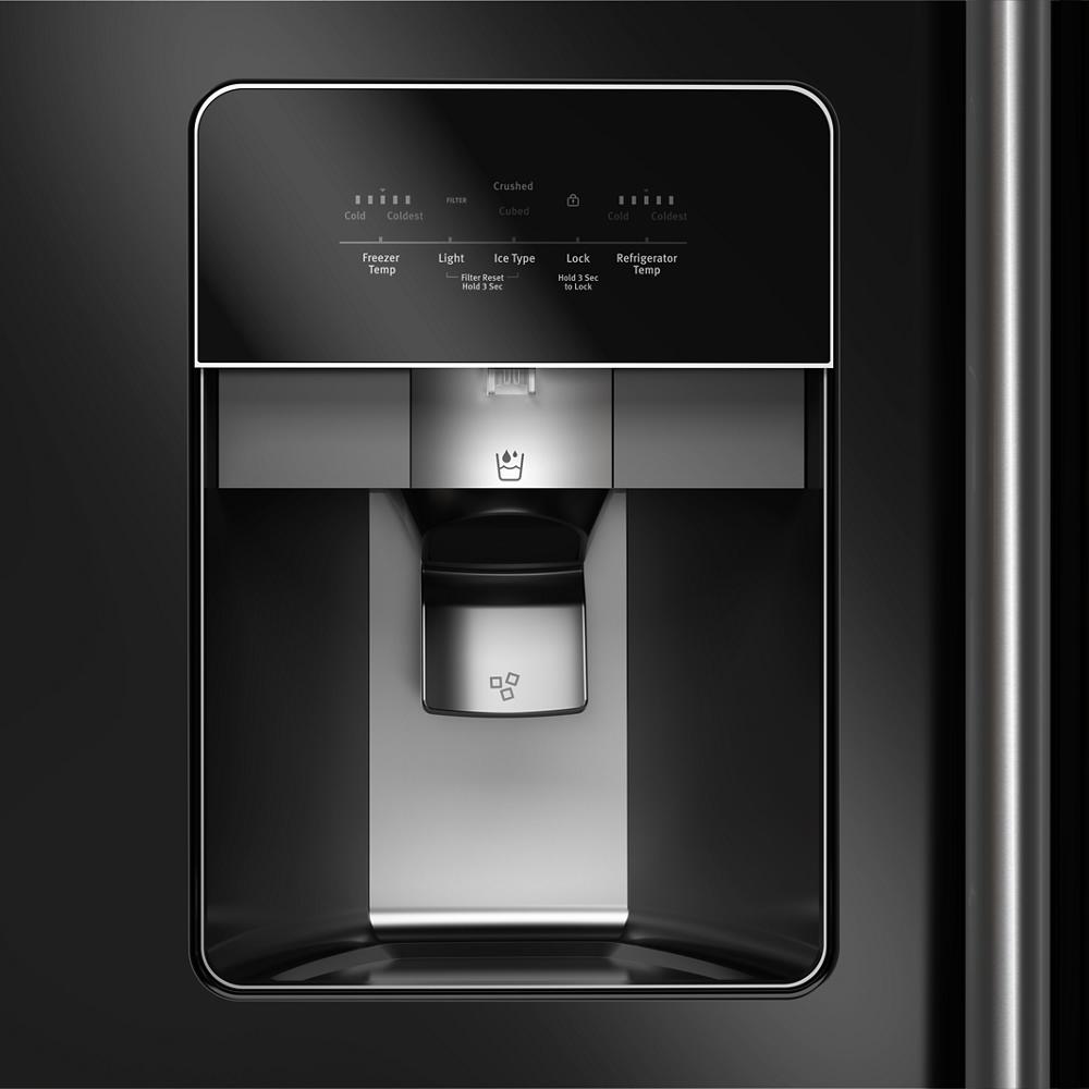 Black side-by-side refrigerator water and ice dispenser with digital control panel from kitchen appliances collection