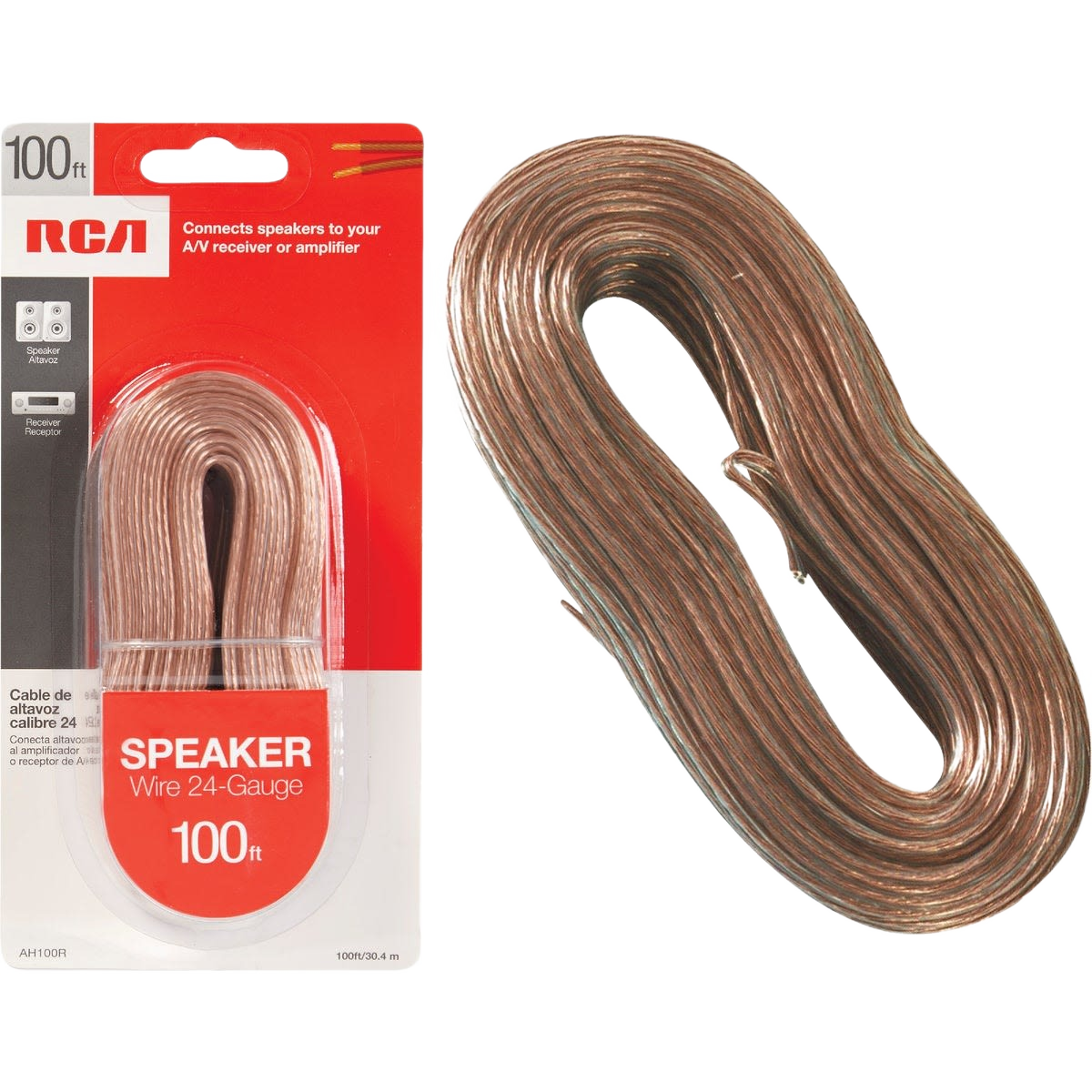 Clear 24-gauge speaker wire spool packaged for audio connections in electrical and wire collections under $50