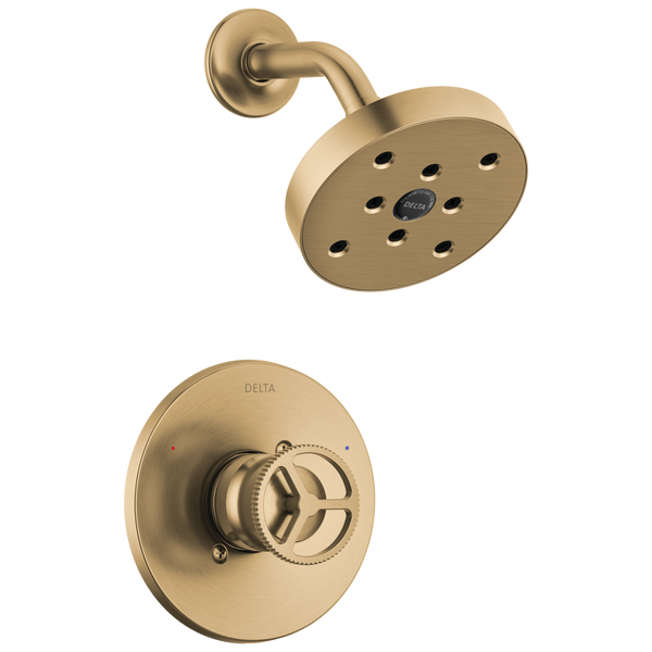 Champagne bronze showerhead and valve trim with modern wheel handle for bathroom plumbing and shower faucet upgrades