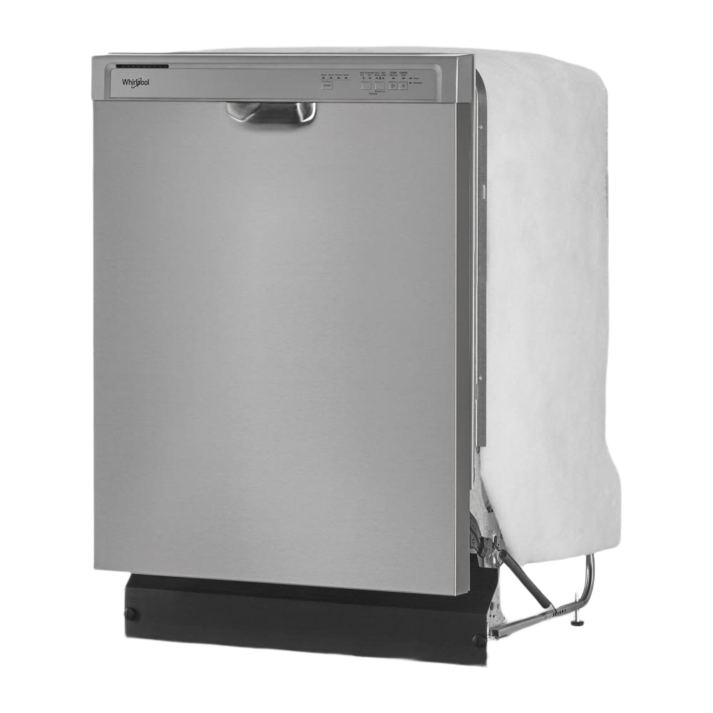 Stainless steel quiet dishwasher with top control panel and partially exposed side showing internal insulation in appliance collection