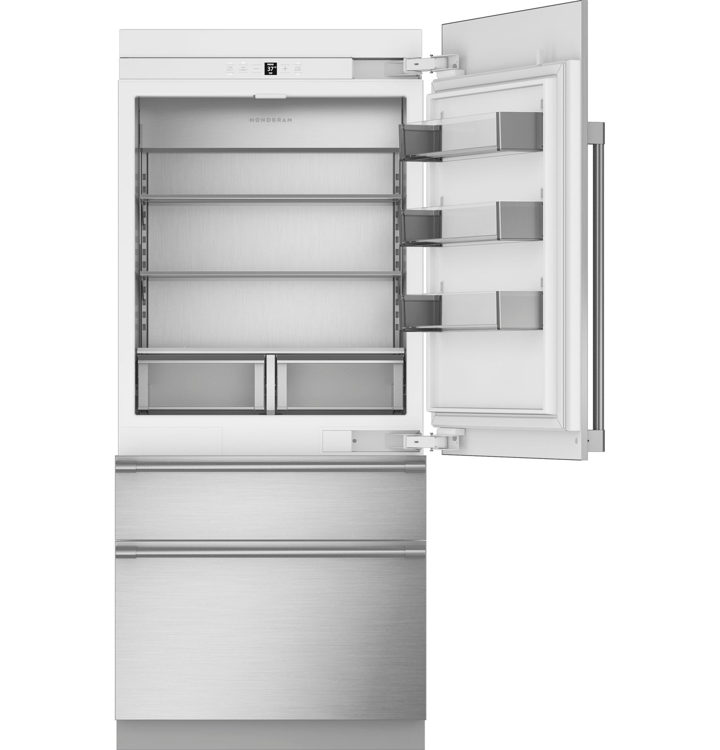Open stainless steel panel-ready bottom-freezer refrigerator with adjustable shelves and door bins in kitchen appliances collection