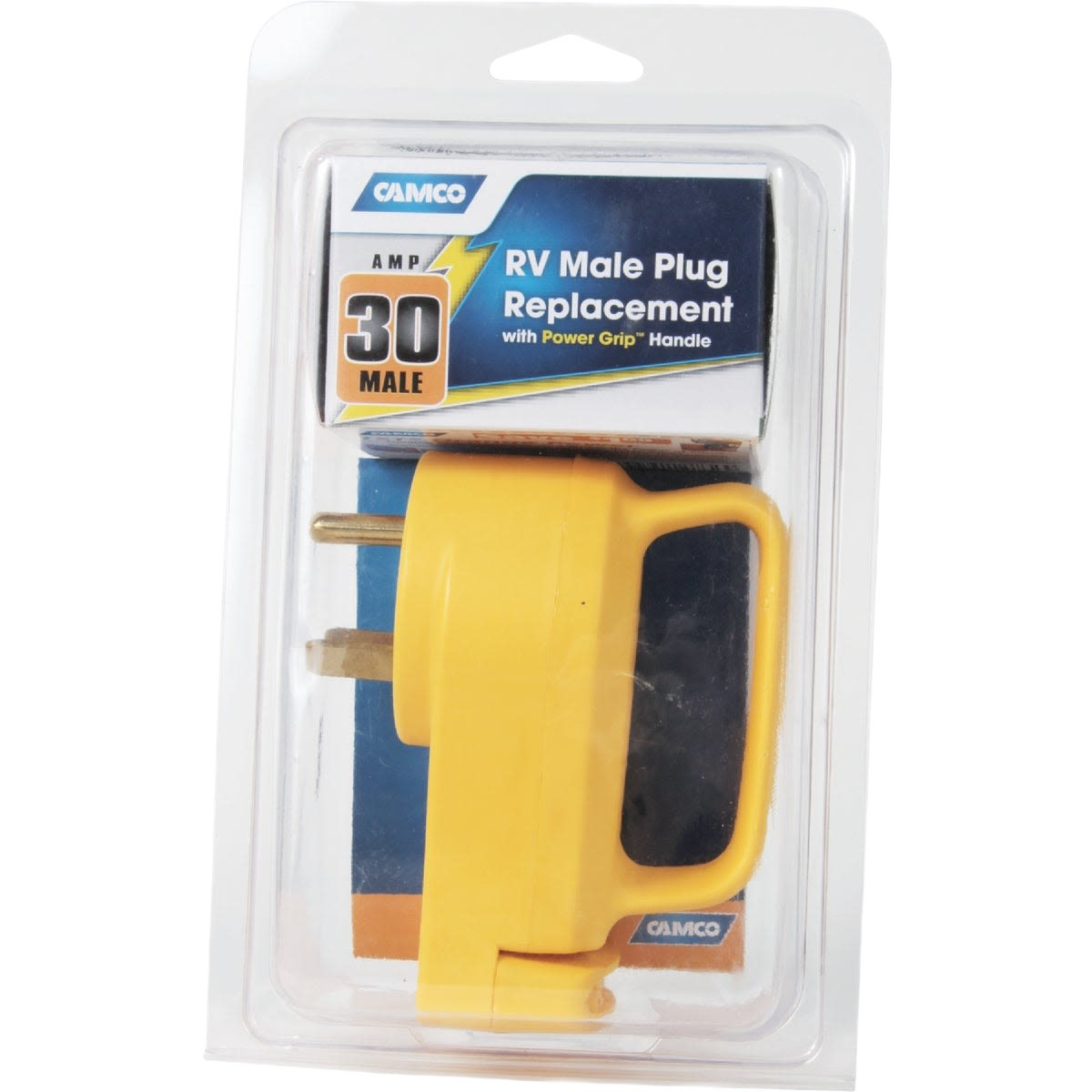Yellow 30 amp male RV power plug replacement with ergonomic handle for tools and home improvement use