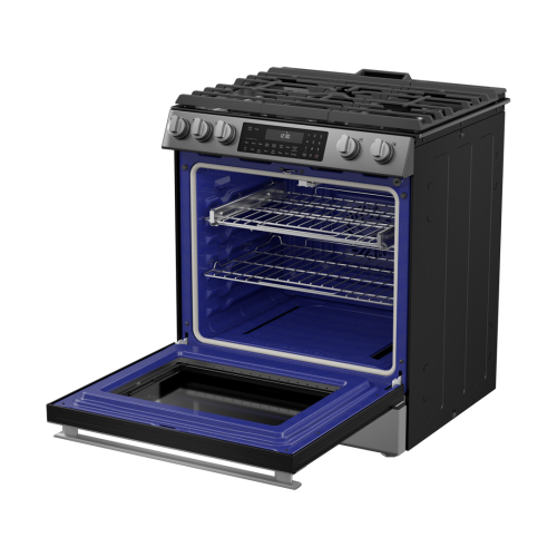 Slide-in gas range with convection oven, AirFry feature, black glass interior, stainless steel control panel in kitchen appliances collection