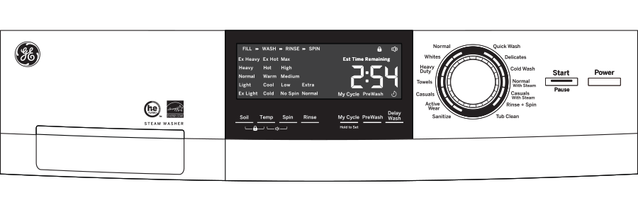 Control panel close-up of a GE front load washer featuring digital display and multiple cycle options from washers collection