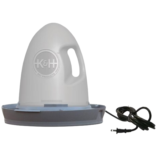 Gray and white poultry waterer with 2.5-gallon capacity and attached black power cord for heated water supply