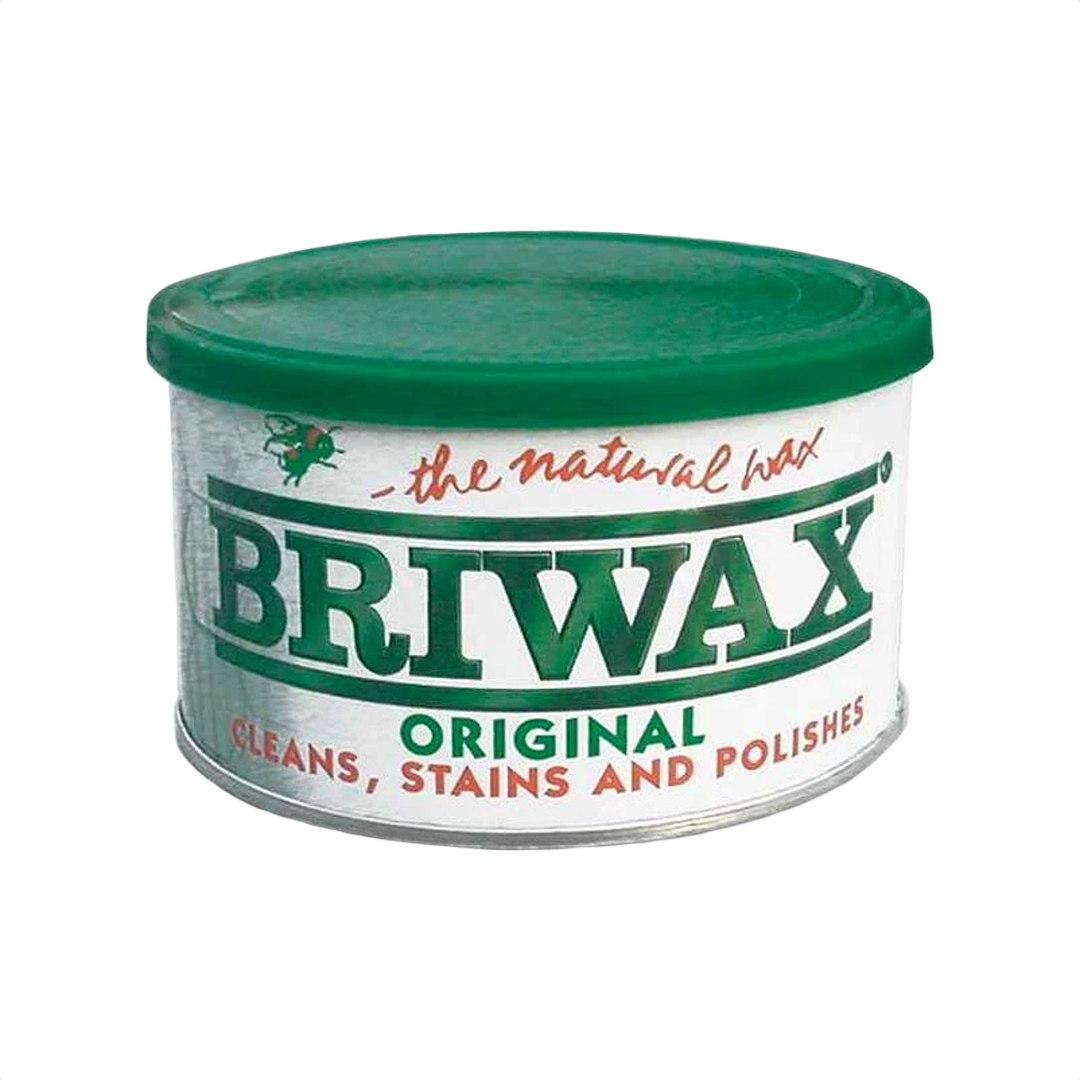 Round metal container of Briwax original furniture wax with green lid for wood stains and finishes collections