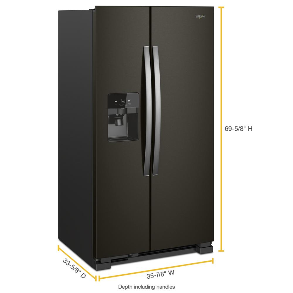 36-inch wide black side-by-side refrigerator with water dispenser and sleek handles from kitchen appliances collection